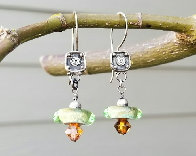 Artisan Sterling Silver, Lampwork Glass, and Swarovski Crystal Earrings with Sterling Earwires, Green and Brown, Unique and One of a Kind