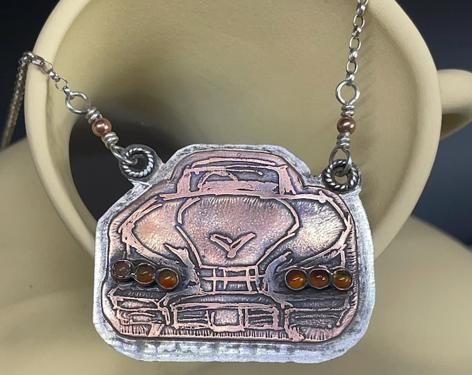 Rūd Rides - Original Etched Copper Mounted on Sterling Silver '58 Chevy Impala Rear, Hotrod Necklace Carnelian Tail Lights handmade silver