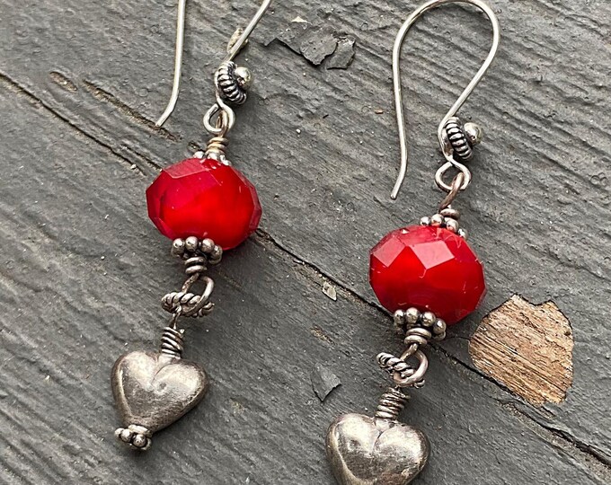 Artisan Sterling Silver & Lampwork Glass Heart Earrings Red and Silver Handmade Antiqued Silver