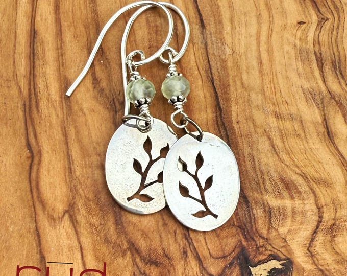 Sterling Silver branch cutout oval & Prehnite Artisan Earrings, silversmith, dangle earrings, nature lover, light green, natural gemstone