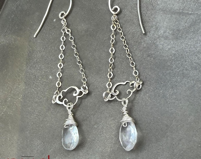 Sterling Silver and Cloudy Quartz - Artisan earrings, dangle, chain, delicate, clear quartz, cloud earrings, handmade high quality art