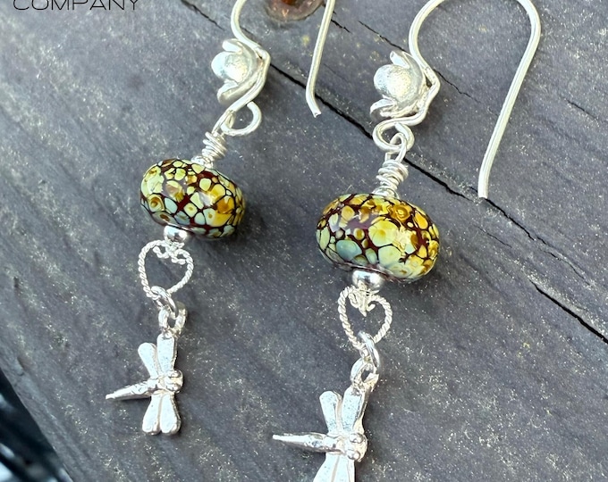 Sterling Silver Dragonfly & USA Lampwork Glass Frit Artisan Earrings, silversmith, dangle earrings, flower with confetti red yellow green