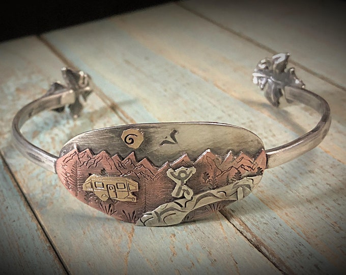 Artisan Sterling Silver & Mixed Metal Bracelet Cuff, Camping, Hiking, Wilderness, Mountains, Rustic, Handmade, Sterling Silver with Accents