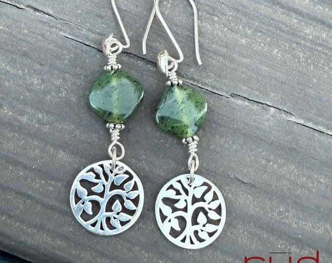 Sterling Silver Tree of Life & Nephrite Jade Artisan Earrings, silversmith, dangle earrings, nature, circle of life earrings Dark Green Jade
