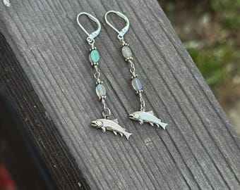 Sterling Silver Rainbow Trout & Labradorite Artisan Earrings, silversmith, dangle earrings, nature, fish earrings, fishing gift camping gift