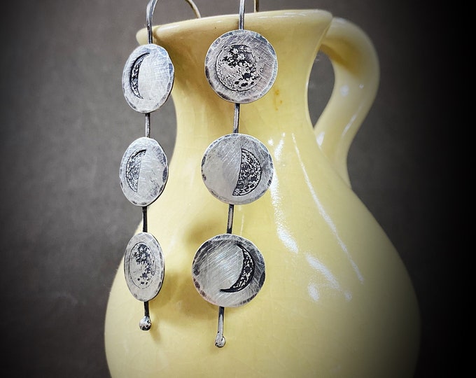 Artisan Sterling Silver Handmade MOON PHASE Earrings.  Rustic, Straight Drop, Oxidized, One of a Kind and Stunning for almost any Occasion.