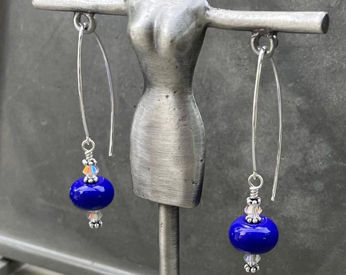 Sterling Silver & USA Lampwork Glass Bright Royal Blue Artisan Earrings, silversmith dangle earrings, Simple Stunning with Swarovski Crystal