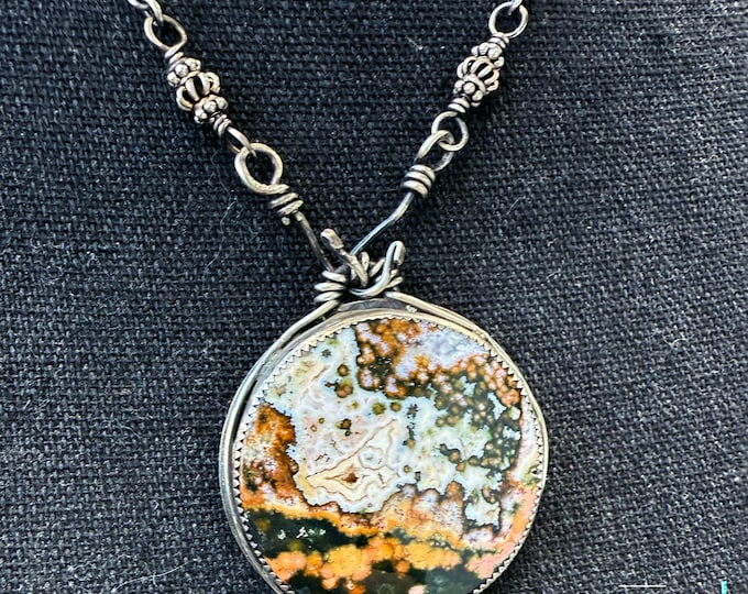 Verdant Sunrise - Rare Ocean Jasper Round Cabochon set in Sterling Silver Necklace, Hand-Forged, Front Hook, Colorful & Versatile Style