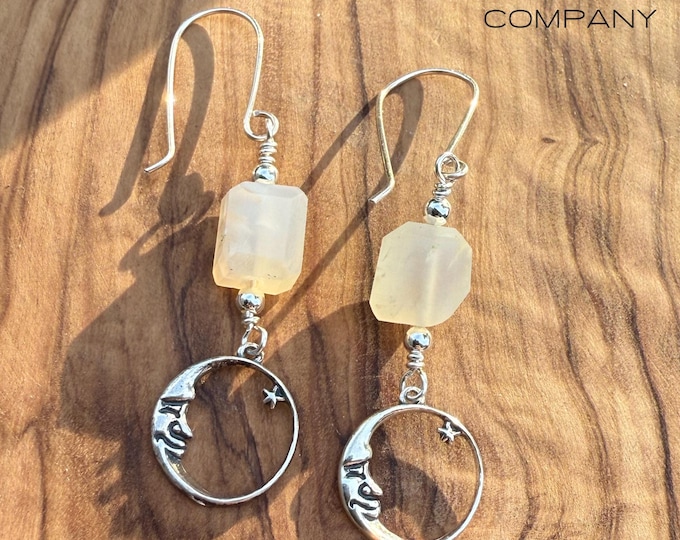 Sterling Silver moon and star & chalcedony Artisan Earrings, silversmith, dangle earrings, cloudy chalcedony agate and crescent moon charms