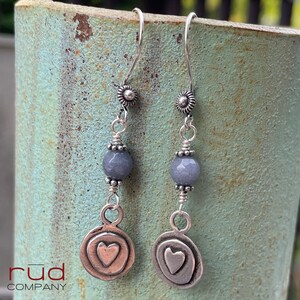 Sterling Silver layered heart & cloudy Gray Chalcedony Artisan Earrings, silversmith, dangle earrings, versatile earrings, detailed earwire