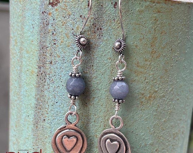 Sterling Silver layered heart & cloudy Gray Chalcedony Artisan Earrings, silversmith, dangle earrings, versatile earrings, detailed earwire
