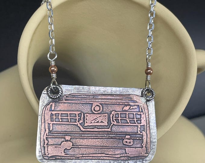 Rūd Rides - Original Etched Copper Mounted on Sterling Silver '84 BMW 3 Series Rear Tail Pendant Necklace, silversmith hot rod, rally car