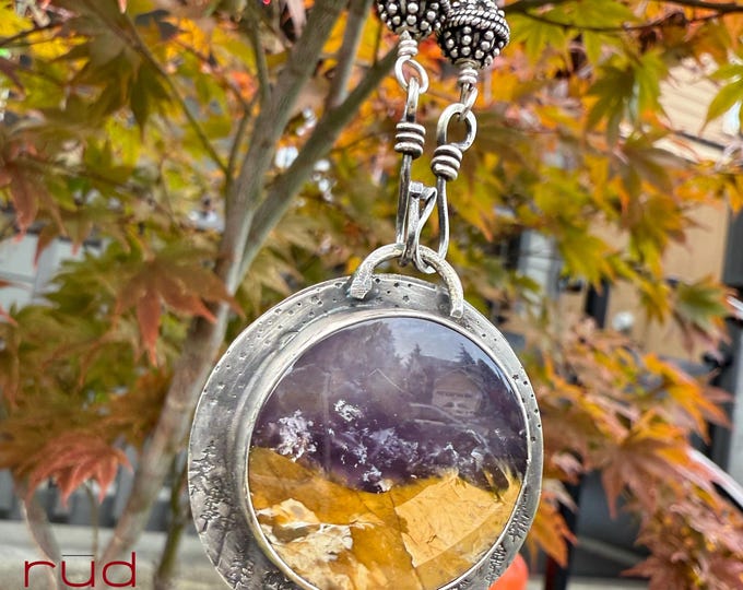 Twilight Vista - Stunning Purple Common Opal pendant necklace set in Sterling Silver hand-stamped starry night forest mountains landscape