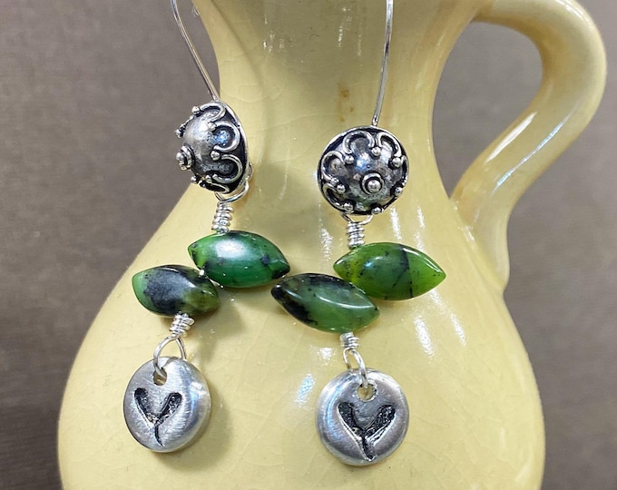 Artisan Sterling Silver & Green Chrysoprase Leaves with tiny hand-casted pewter accents on Sterling Earwires Drop Dangle Earrings