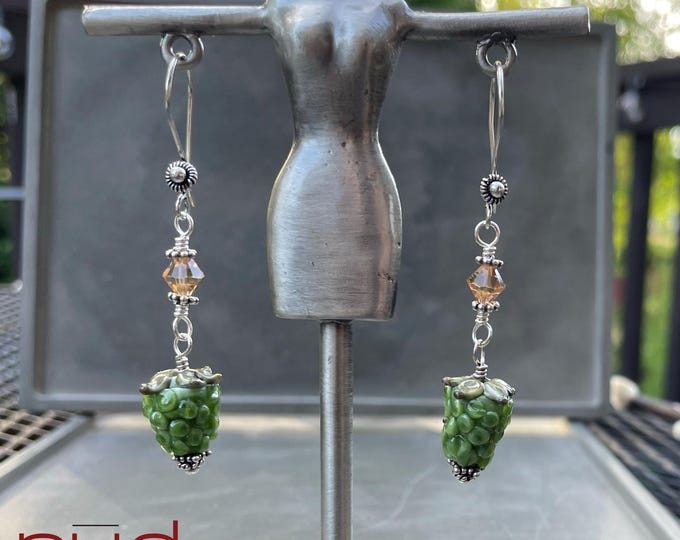 Sterling Silver & USA Lampwork Glass Artichoke Artisan Earrings, silversmith, dangle earrings + Swarovski Crystal Veggie Earrings vegetable
