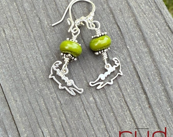 Sterling Silver Alligator & USA Lampwork Glass Artisan Earrings, silversmith, olive green dangle earrings, kidney ear wires, Gator earrings
