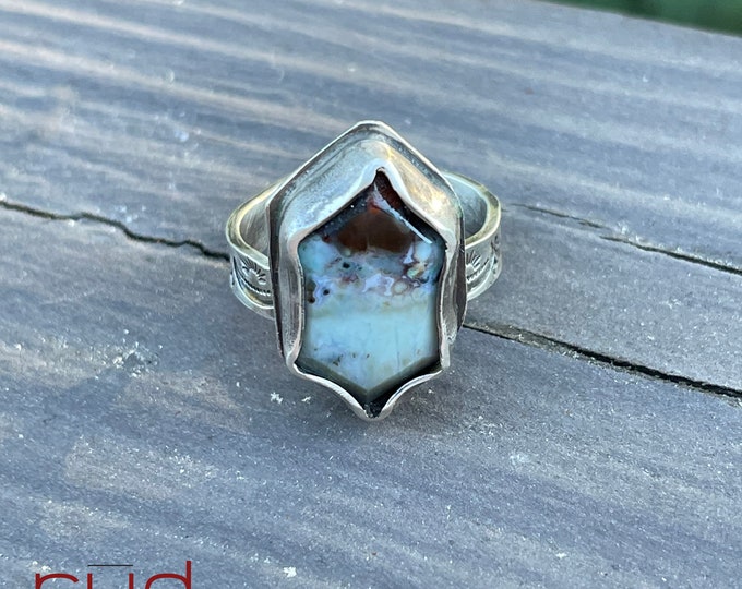 Hidden Fire - Agatized Petrified Wood, Freeform Beveled Hexagonal (Double Point) Cabochon Cocktail Statement Ring Set in Sterling Silver