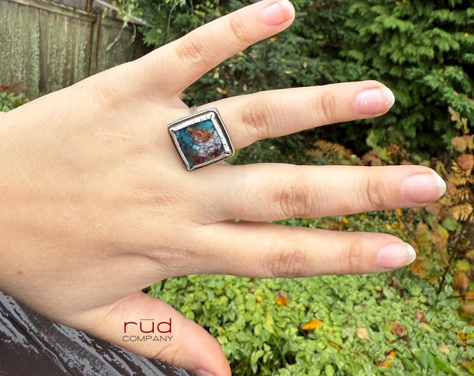 Springwater Portal - Native Copper Chrysocolla in Chalcedony Cabochon Ring artisan Sterling Silver Cocktail Ring, Square Rustic Style Teal