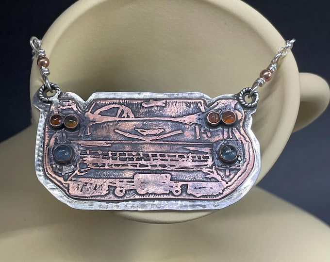 Rūd Rides - Original Etched Copper Mounted on Sterling Silver '58 Cadillac Grille, Hotrod Necklace blue topaz and carnelian HeadLights Caddy
