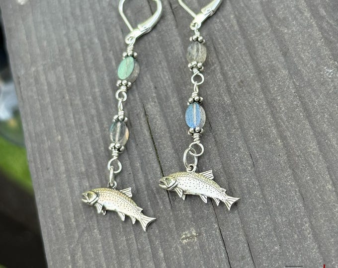 Sterling Silver Rainbow Trout & Labradorite Artisan Earrings, silversmith, dangle earrings, nature, fish earrings, fishing gift camping gift
