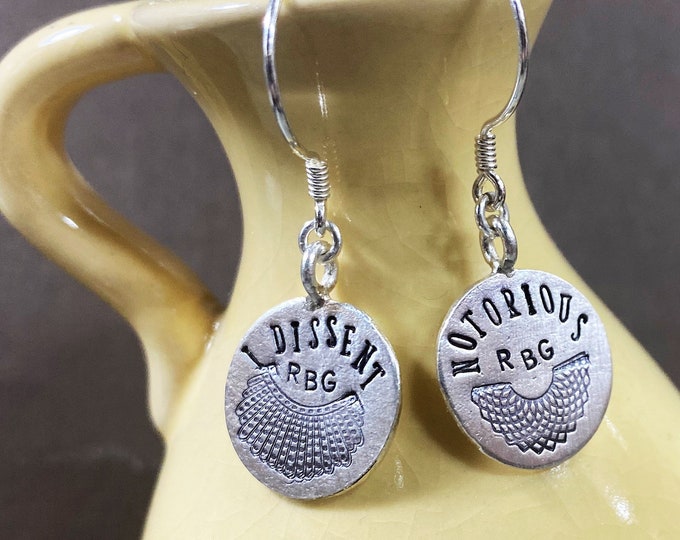 Artisan Sterling Silver RBG Ruth Bader Ginsburg Notorious Jabot Collar Dissent Lace Collar Earrings,Minimalist, Ear Wire, Unique, Original
