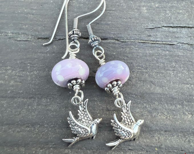 Sterling Silver & USA Lampwork Glass with Swallow Bird Artisan Earrings, silversmith, dangle earrings, purple, subtle polka dots, lavender