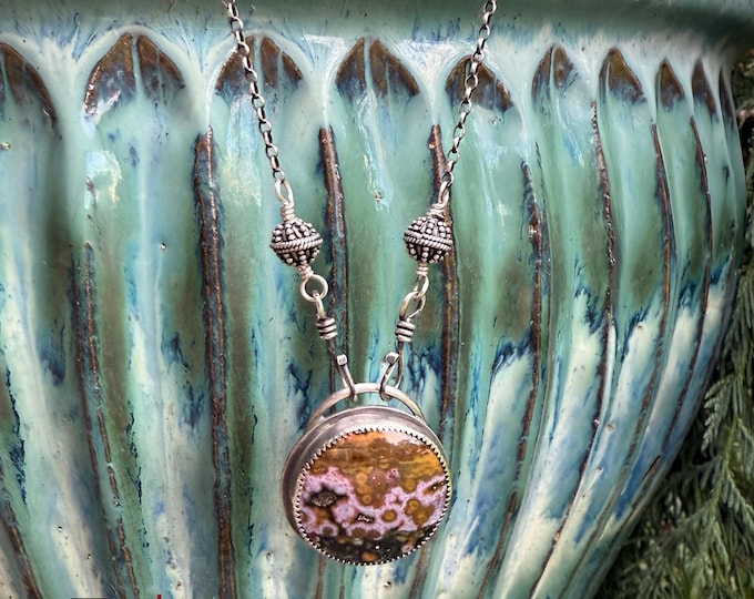 Blooming Tidepool - Colorful Ocean Jasper Round Cabochon set in Sterling Silver Necklace, Hand-Forged, Front Hook with Greens & Pinks