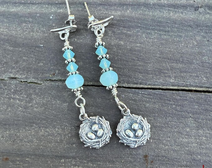 Sterling Silver nest with eggs + blue quartz Artisan Earrings, silversmith, eggs in a basket, robin egg blue, dual sided charm post earrings