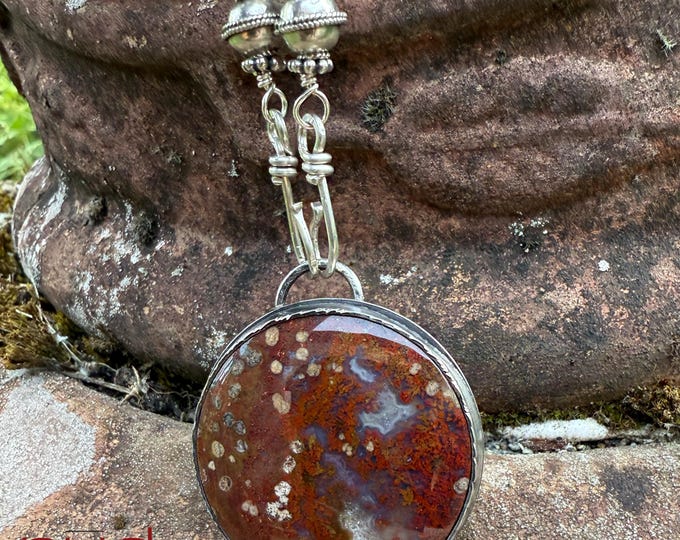 Land Before Time - Petrified Agatized Red Palm Root Round Cabochon set in Sterling Silver Necklace