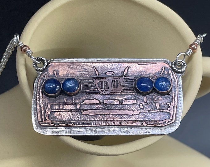 Rūd Rides - Original Etched Copper Mounted on Sterling Silver '84 BMW 320, E3 Grille, Rally Car Necklace, Kyanite Headlights handmade silver