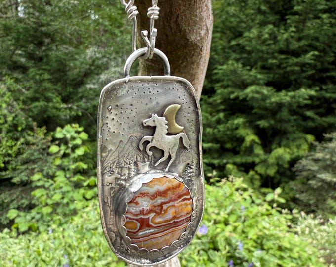 Stunning Crazy Lace Cabochon Pendant set in Sterling Silver Necklace, with Horse, Moon, Mountains, and Zuni Bear Accents, Front Hook Closure