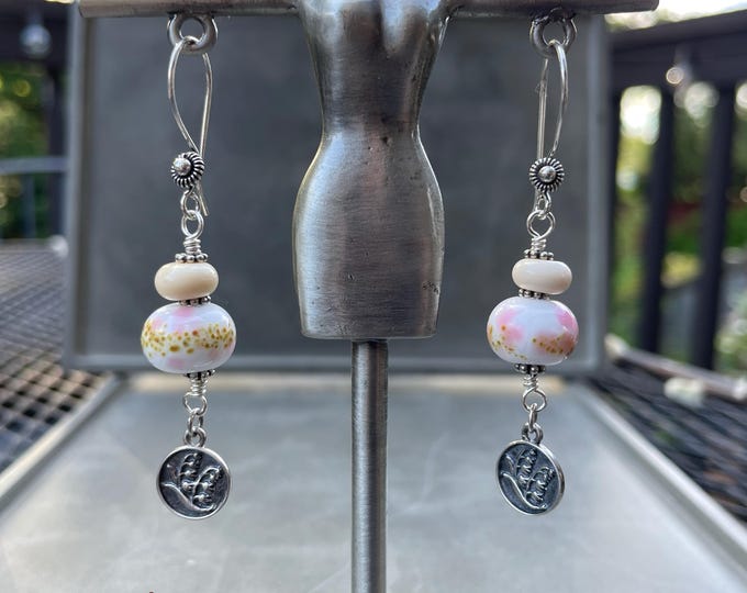 Sterling Silver & USA Lampwork Glass Pink Frit Artisan Earrings, silversmith, dangle earrings, Snowdrop charms, pink, white, cream, confetti