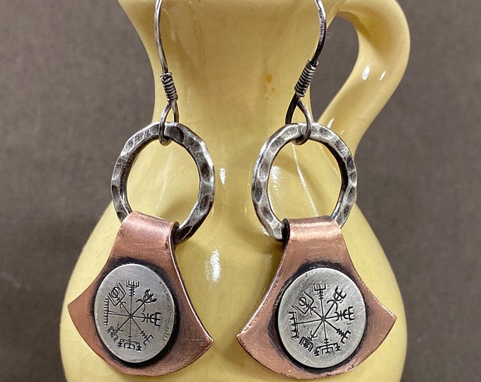 Artisan Sterling Silver and Copper Handmade Silversmith Vegsivir Earrings on Thor’s Hammer shape. Rustic, Strong, Nordic, Viking, Runes