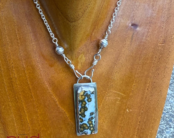 Forest Wayfinder - Rare Ocean Jasper Rectangle Cabochon set in Sterling Silver Necklace, Hand-Forged, Front Hook, Pine Mountain theme