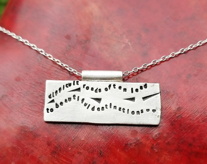 Artisan Stamped Road Highway Street Scene Pendant Necklace, Inspirational, Tiny Phrases Form a Picture, Sterling Silver, Journey, Path