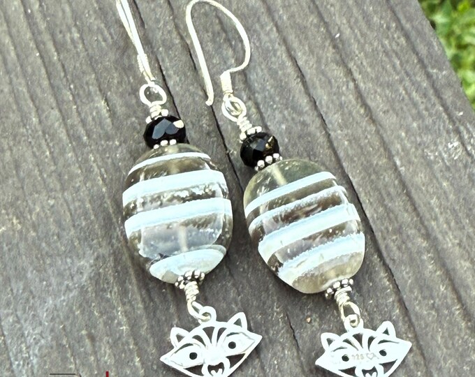 Sterling Silver Raccoon & Striped Agate Artisan Earrings, silversmith, dangle earrings, Coon lover white black gray stripe spinel earrings