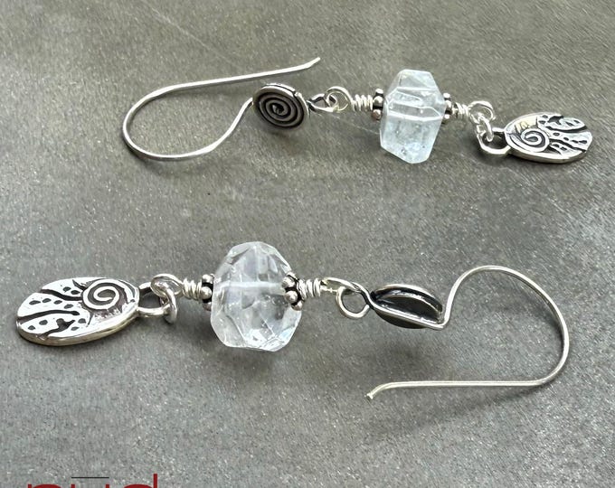 Sterling Silver + Quartz Nugget Artisan Earrings, The Road Less Traveled, silversmith dangle earrings, clear facet quartz and journey spiral