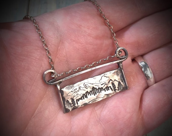 Artisan Stamped Mt Rainier Mountain SEATTLE Washington Scene Pendant Necklace, Sterling Silver, Mount, Simple, Minimal
