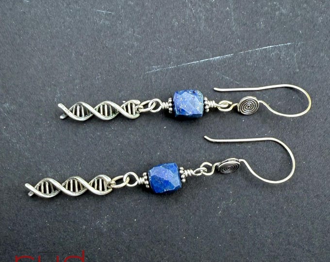 Sterling Silver DNA spiral drops & Lapis Lazuli cubes Artisan Earrings, dangle delicate handmade high quality, chemistry or lab gift, family