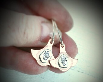 Artisan Sterling Silver and Copper Hamsa Earrings, Moroccan Style, Rustic and One of a Kind, Eid Gift, Giving Hand, Islam