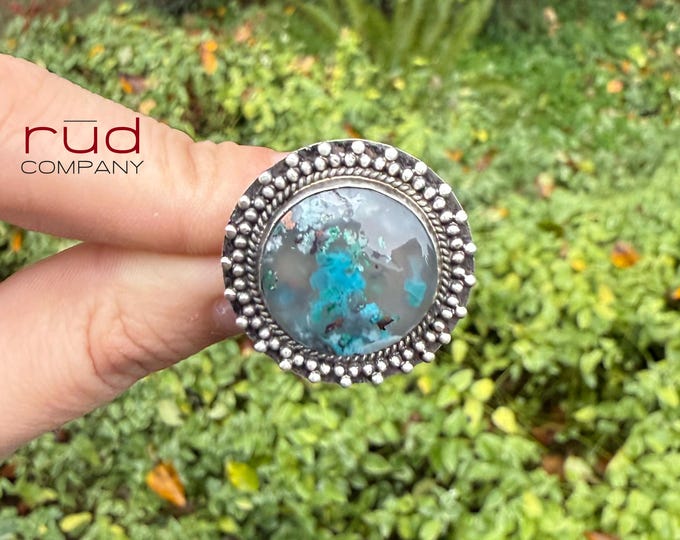 Ocean Looking Glass - Native Copper Chrysocolla in Chalcedony Cabochon Ring artisan Sterling Silver Cocktail Ring, Dotted Style