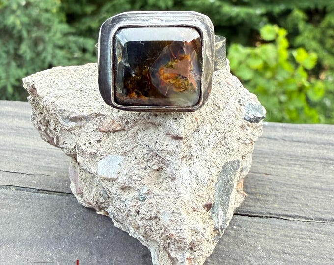 Copper Top - Native Copper in Black Chalcedony, Freeform Beveled Square Cabochon Ring in Sterling Silver Unisex Size 10 Stunning & Unusual