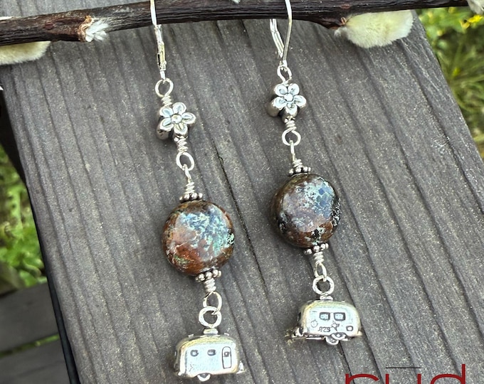 Sterling Silver 3D Camper Trailer & Brown Turquoise Artisan Earrings, silversmith, dangle earrings, Camping gift, nature, glamping leverback