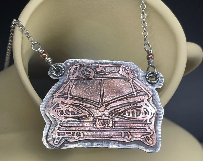 Rūd Rides - Original Etched Copper Mounted on Sterling Silver '58 Impala Rear Tail Pendant Necklace silversmith hot rod sinister 1958 hotrod