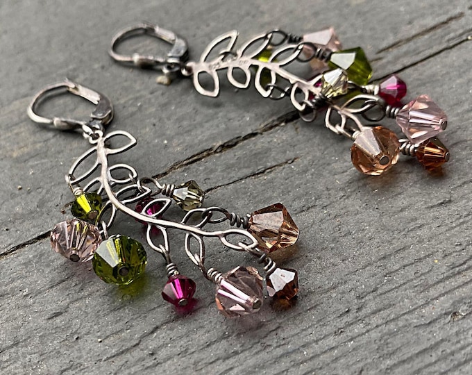 Artisan Sterling Silver and Swarovski Crystal delicate Leaves or Branch minimalist earrings, Multicolor pink, amber, olive, brown, fuschia