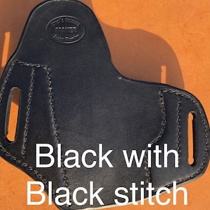 May include: Black leather holster with black stitching. The holster has a maker's mark that reads "Mayer's Holster, Mayer, Made in USA".