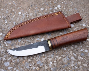 Puukko Knife Wood Handle Carbon Steel Forged Blade 9" Handmade Sheath Belt Loop