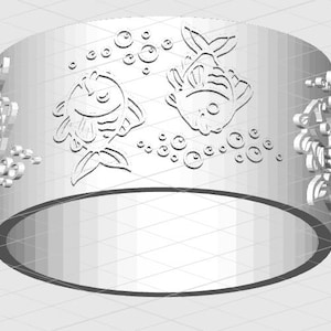 May include: A white cylindrical ring featuring a raised, embossed pattern of multiple fish swimming among clusters of small circular bubbles. The design wraps around the entire exterior surface of the band, creating a textured, three-dimensional effect.
