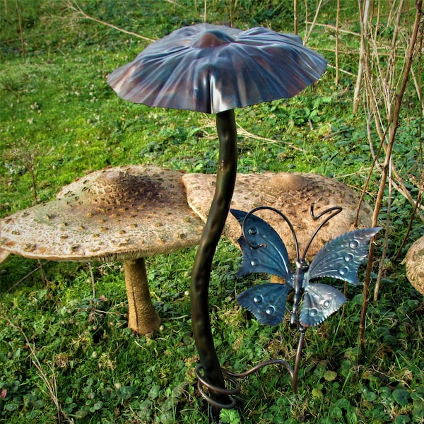 Butterfly toadstool mushroom  garden art insect sculpture handcrafted metal rustic stake. Handmade in the UK.