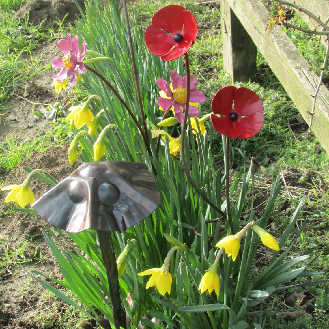 Pair red enamel poppies flower on twisted rustic iron garden Etsy